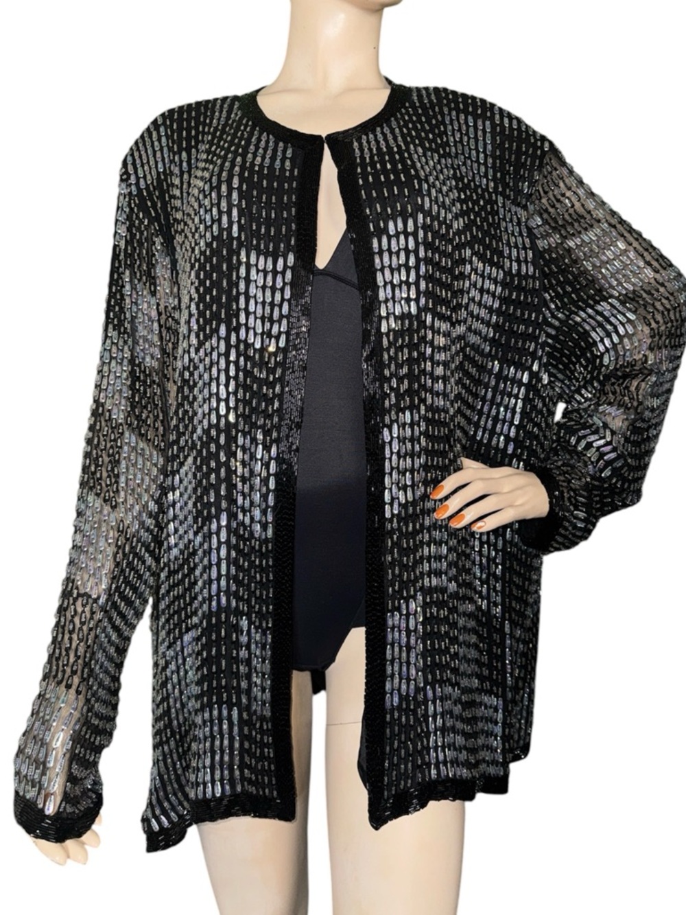 Vintage Pinky Creations Sequin / Beaded Silk Cardigan XXXL - Picture 3 of 17